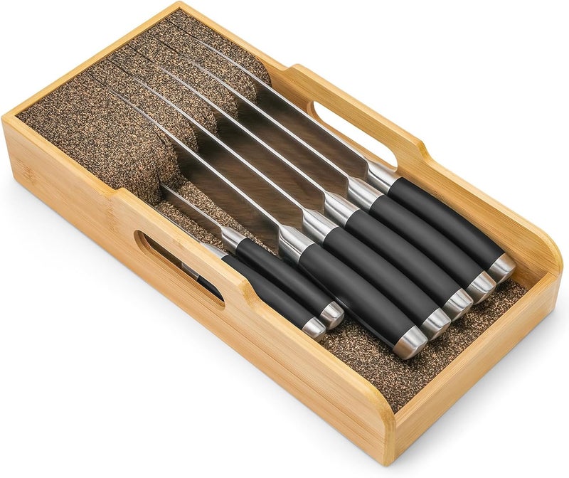Mospten Bamboo Knife Drawer Organizer Insert - Kitchen In-Drawer Knife Block Holder, Flexible Dividers for Knives Organization - Image 1